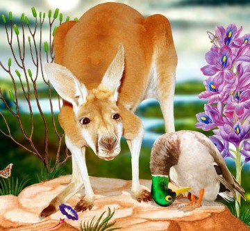 Animal Painting - canguro y Anas platyrhynchos humor gracioso mascotas